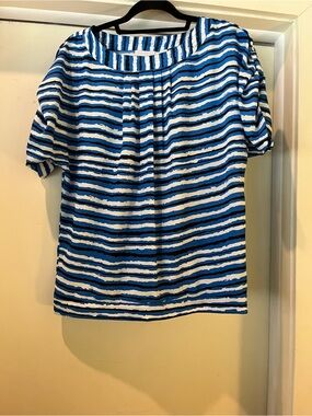 New York & Company Blue and White Striped Scoop Neck Blouse